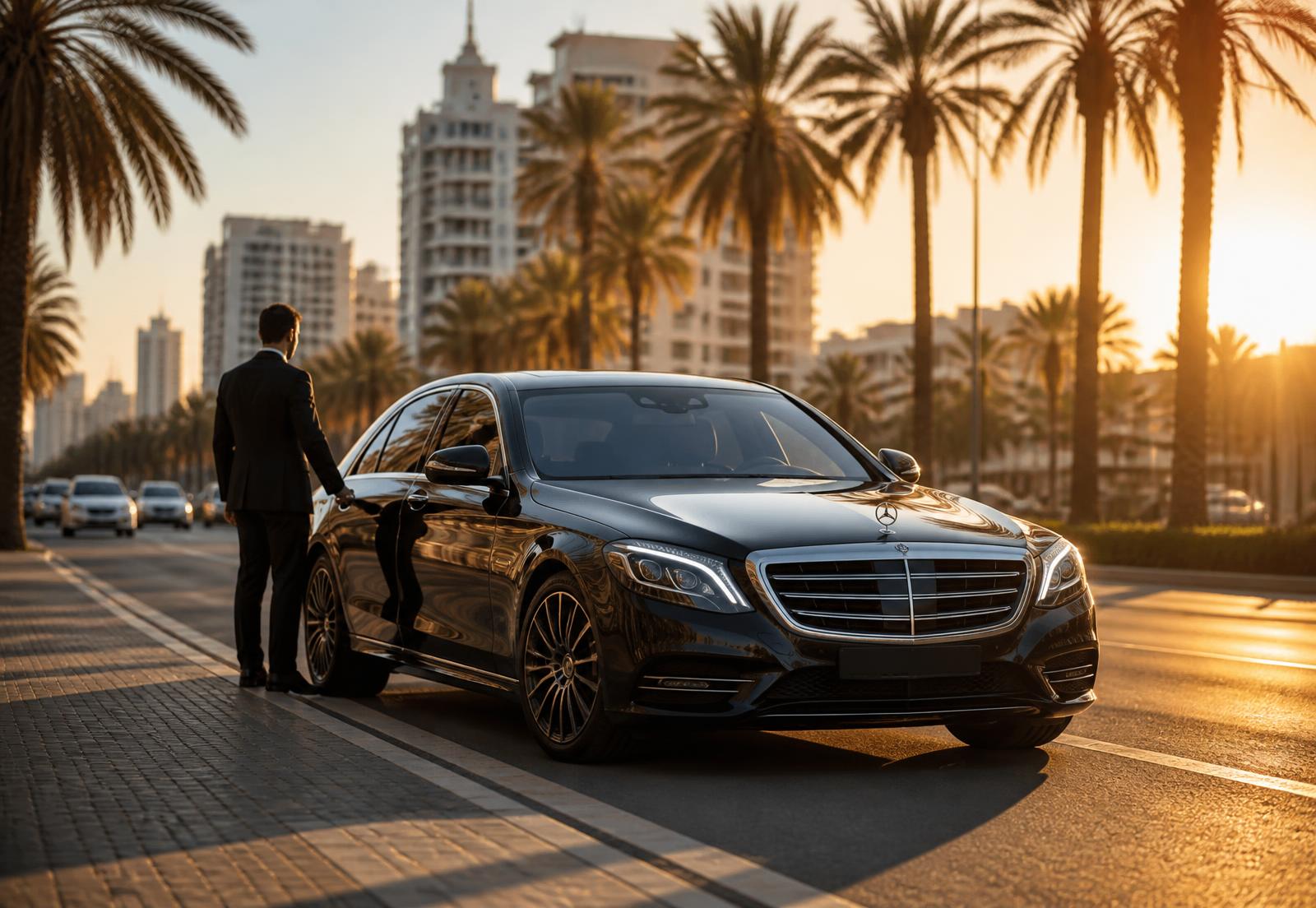 Chauffeur opening the door of a black executive car at golden hour